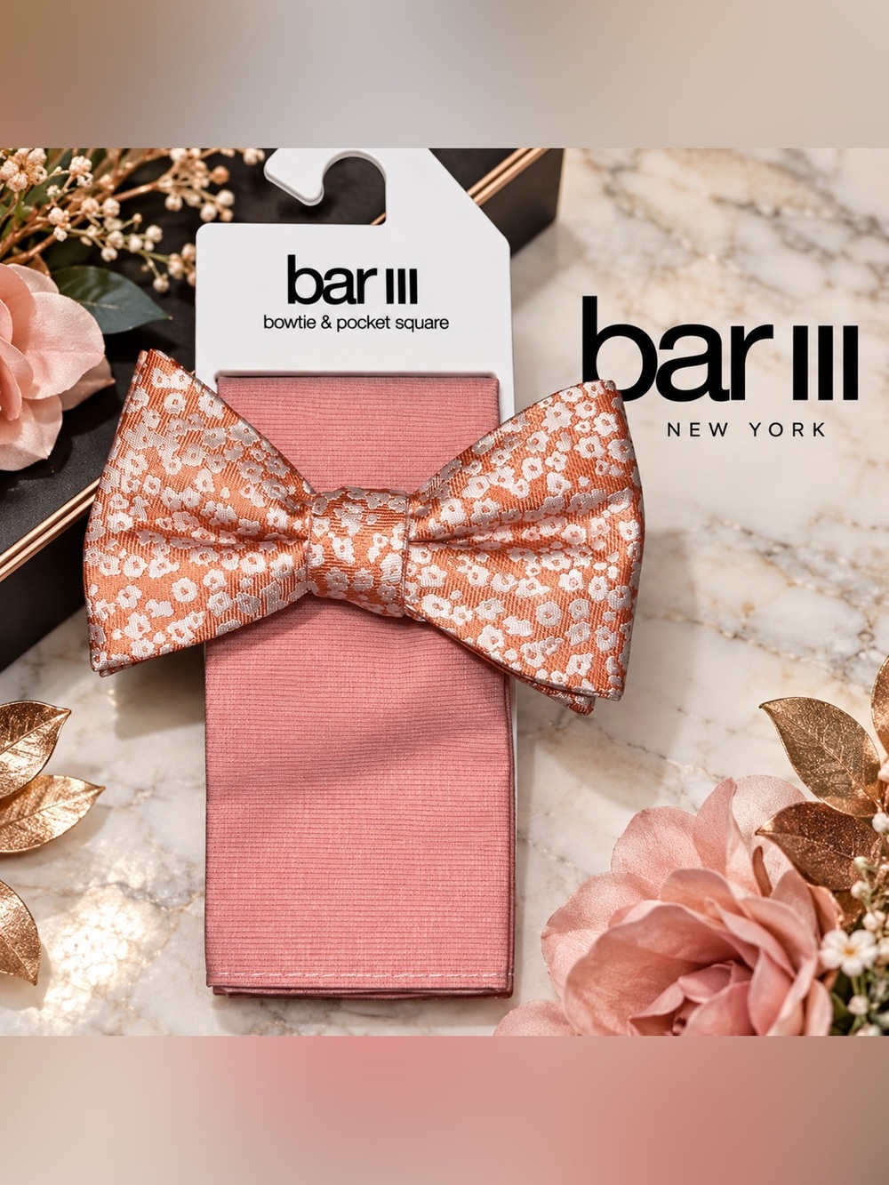 🎀 NWT Bar III Bow Tie & Pocket Square Set – Rose Pink/Rose Gold Floral